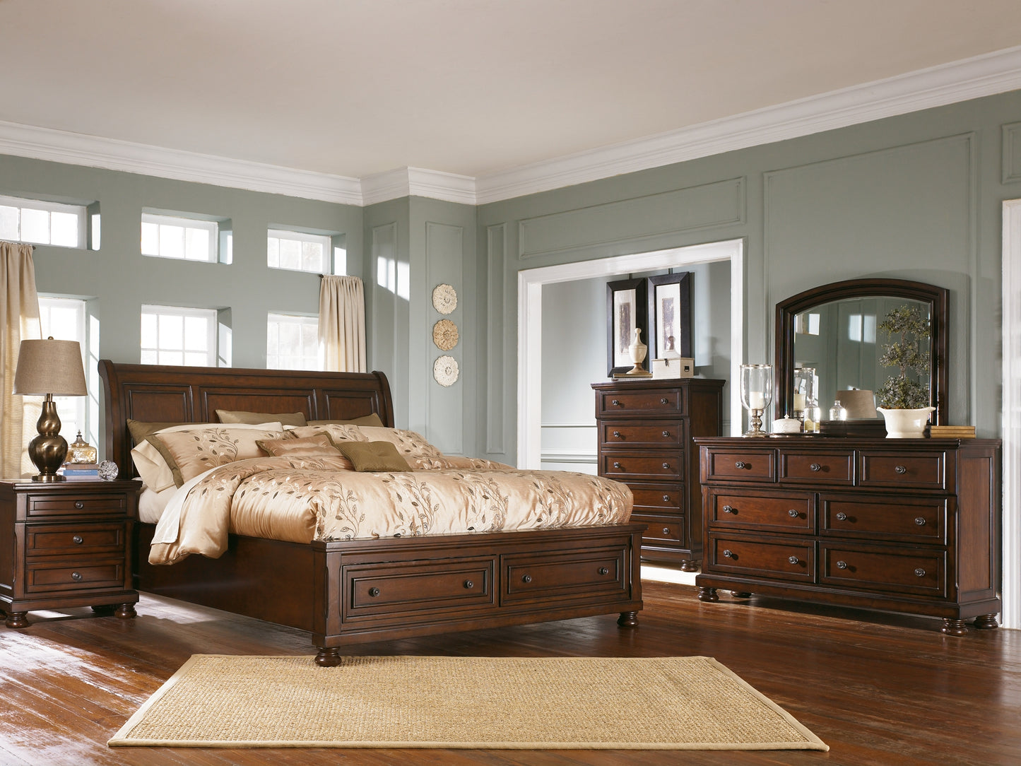 Porter Sleigh Bed With Mirrored Dresser, Chest And 2 Nightstands