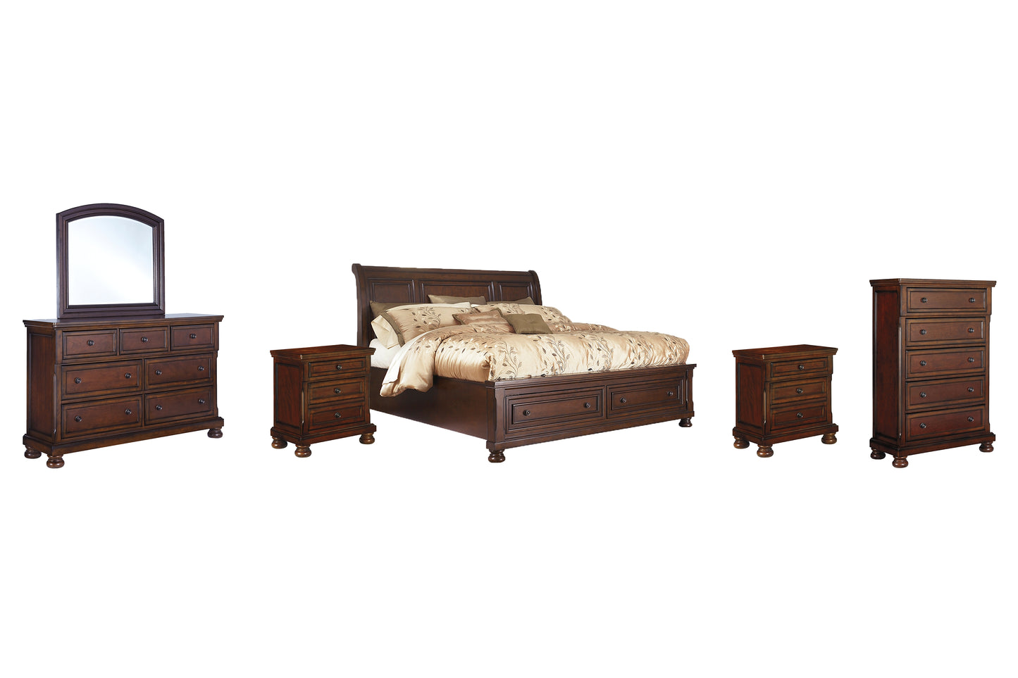 Porter Sleigh Bed With Mirrored Dresser, Chest And 2 Nightstands