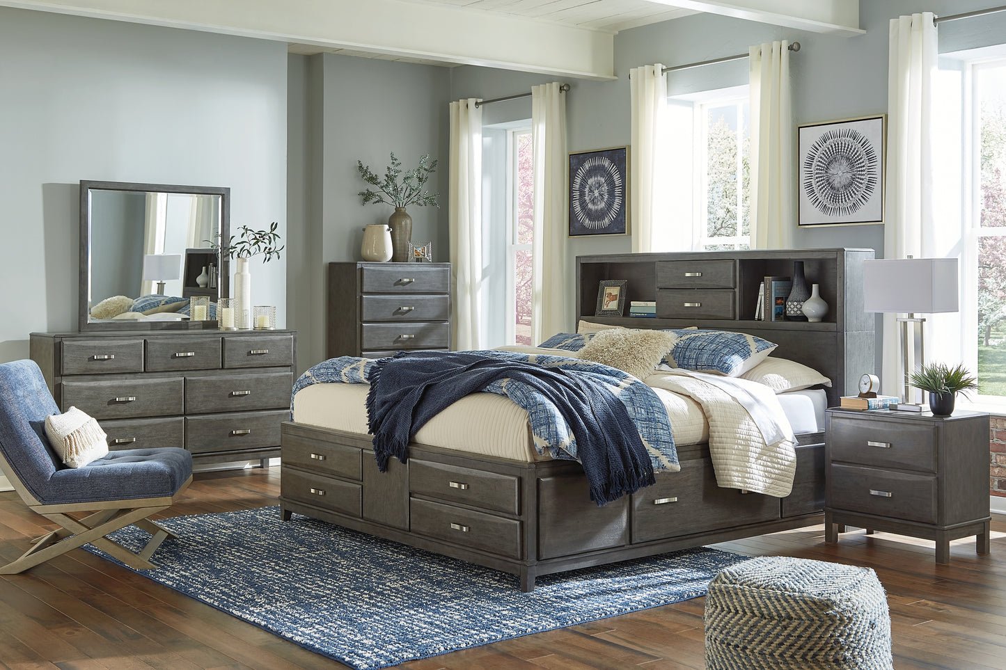 Caitbrook Storage Bed With 8 Storage Drawers With Mirrored Dresser And 2 Nightstands