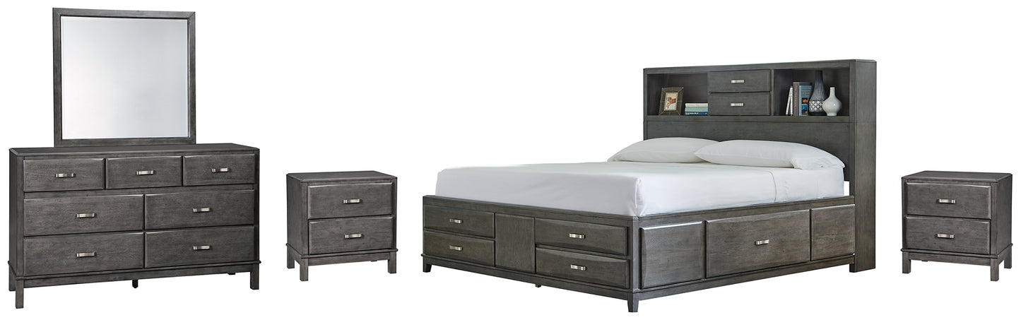 Caitbrook Storage Bed With 8 Storage Drawers With Mirrored Dresser And 2 Nightstands