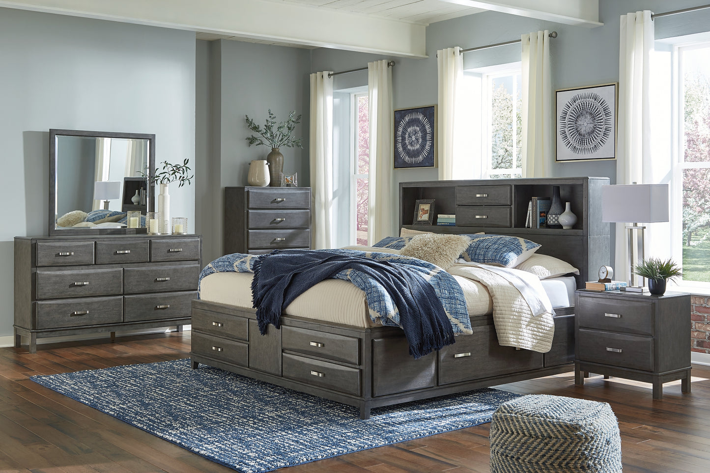 Caitbrook Storage Bed With 8 Storage Drawers With Mirrored Dresser And 2 Nightstands