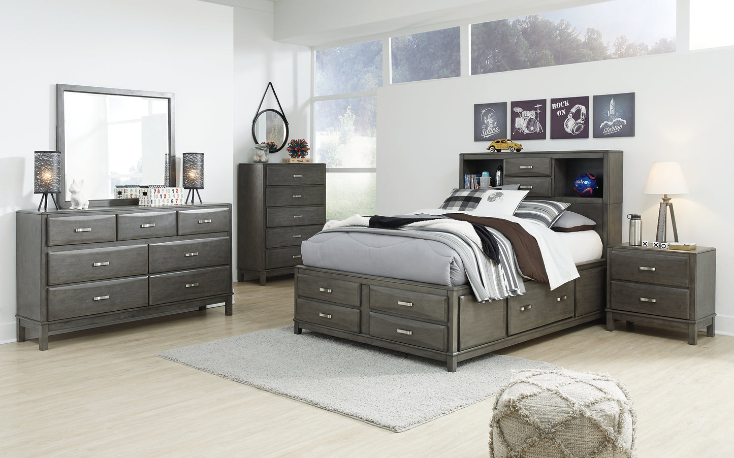 Caitbrook Storage Bed With 8 Storage Drawers With Mirrored Dresser And 2 Nightstands