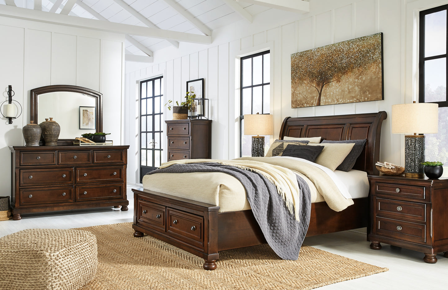 Porter Sleigh Bed With Mirrored Dresser, Chest And 2 Nightstands