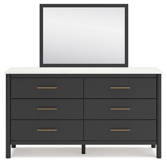 Queen Upholstered Panel Bed with Mirrored Dresser and Chest