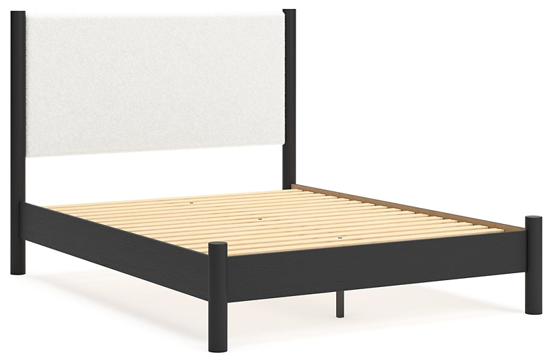 Queen Upholstered Panel Bed with Mirrored Dresser and Chest