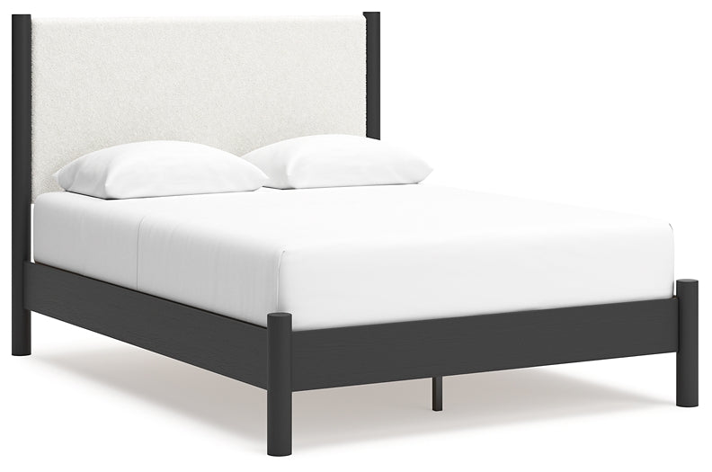 Queen Upholstered Panel Bed with Mirrored Dresser and Chest