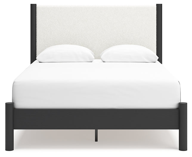 Queen Upholstered Panel Bed with Mirrored Dresser and Chest