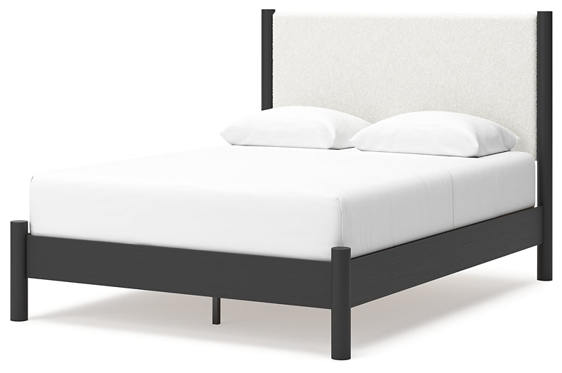 Queen Upholstered Panel Bed with Mirrored Dresser and Chest