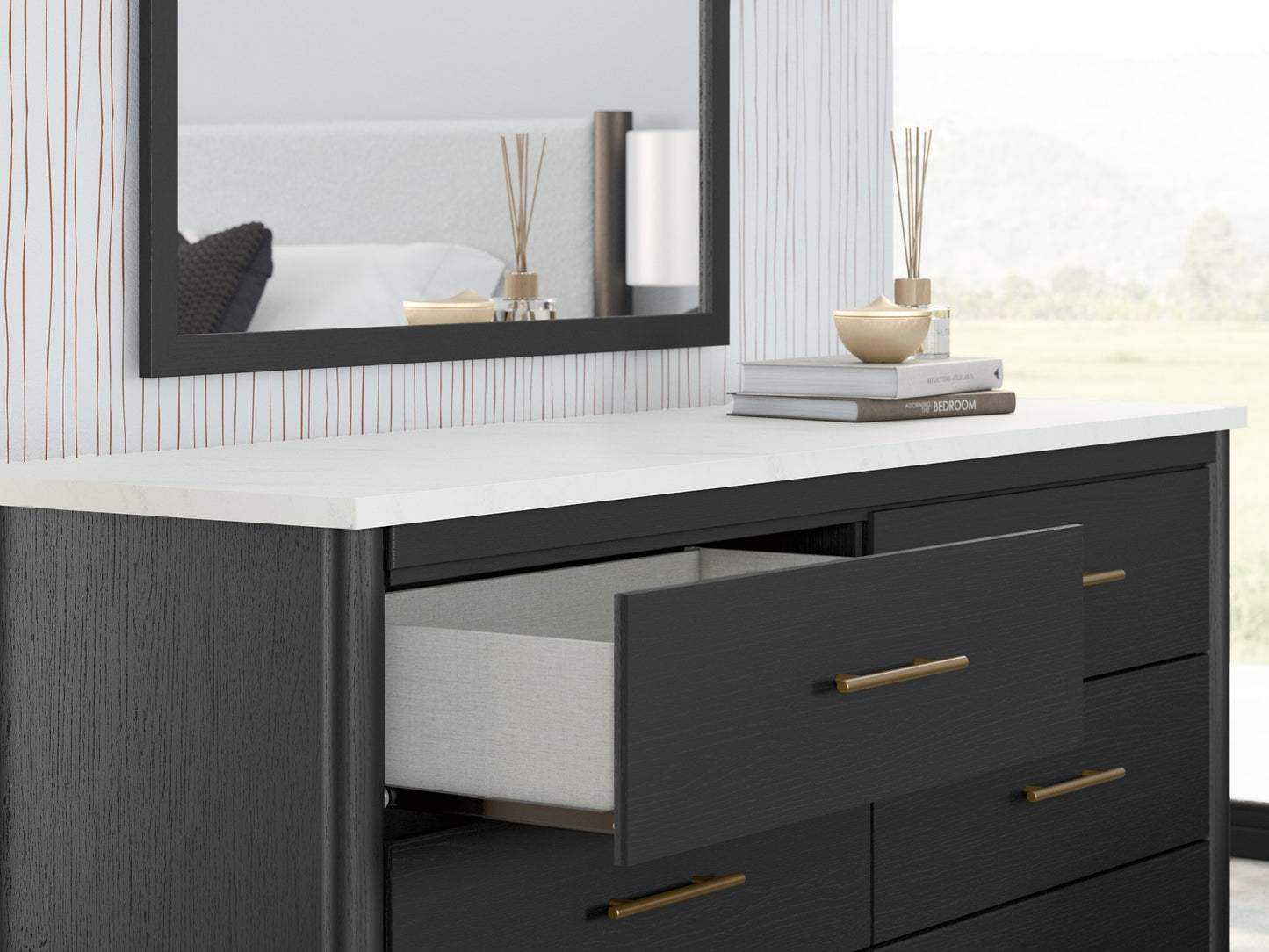 Queen Upholstered Panel Bed with Mirrored Dresser and Chest