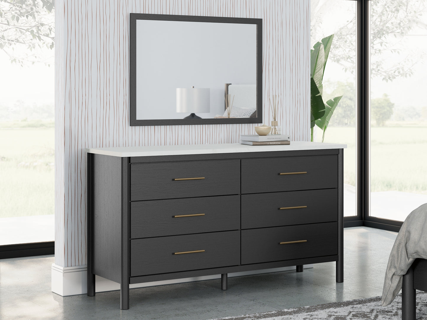 Queen Upholstered Panel Bed with Mirrored Dresser and Chest
