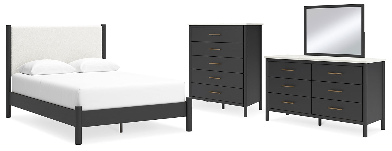 Queen Upholstered Panel Bed with Mirrored Dresser and Chest
