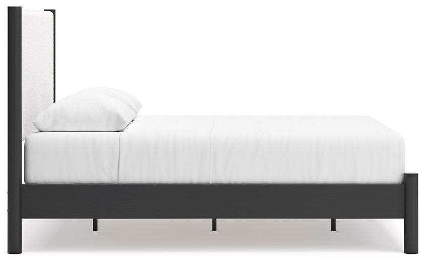Queen Upholstered Panel Bed with Mirrored Dresser and Chest