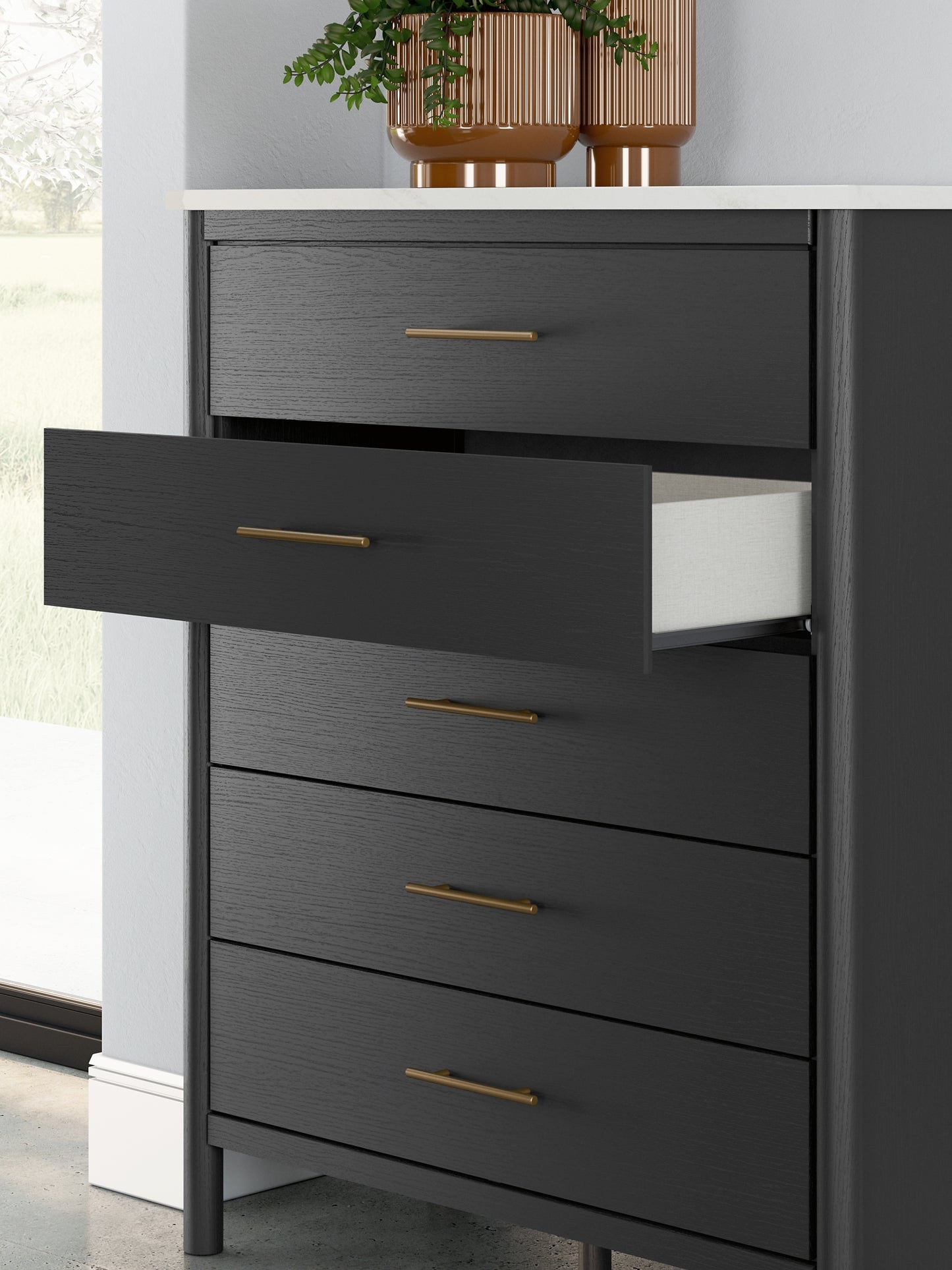 Queen Upholstered Panel Bed with Mirrored Dresser and Chest