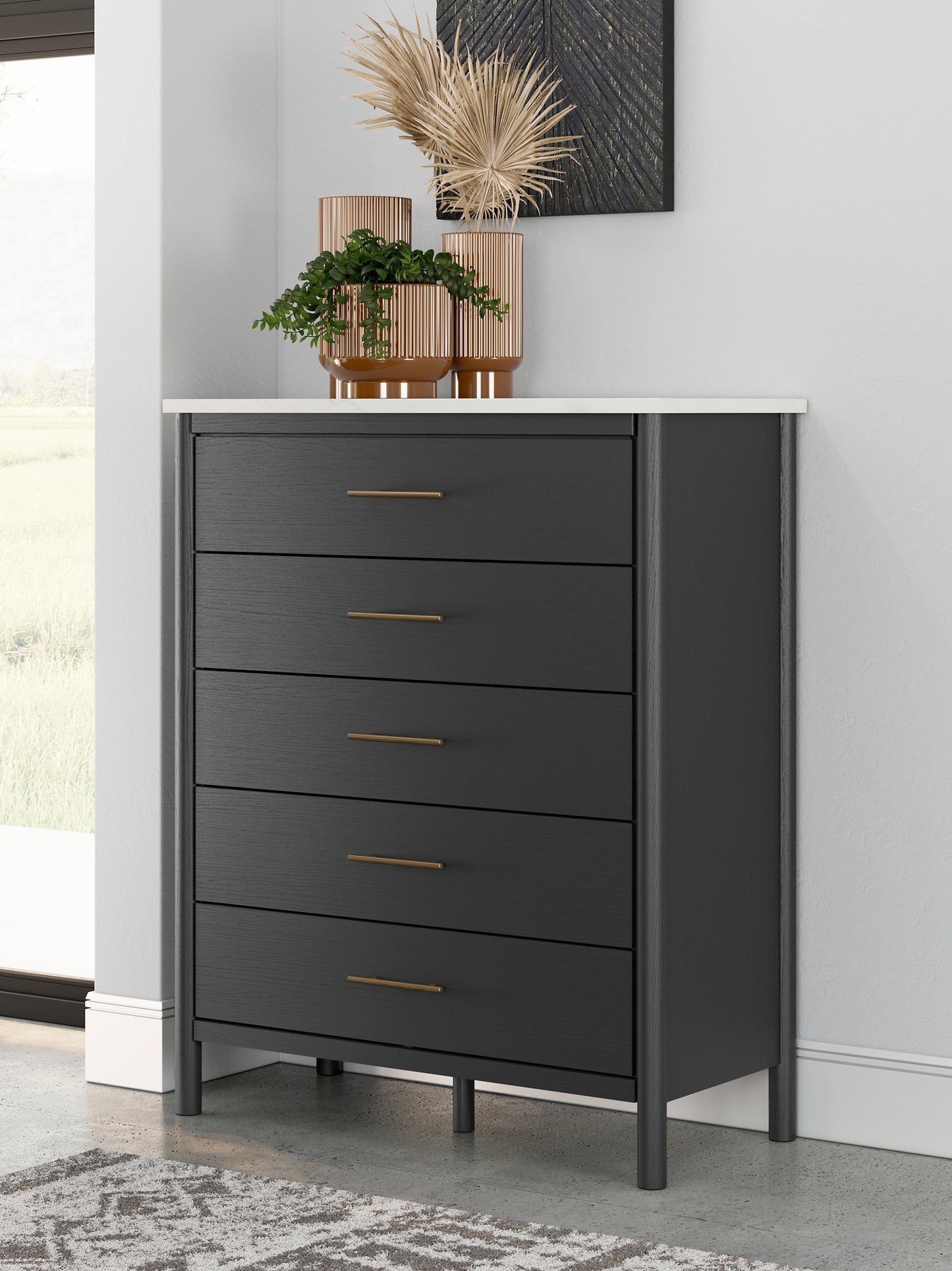 Queen Upholstered Panel Bed with Mirrored Dresser and Chest