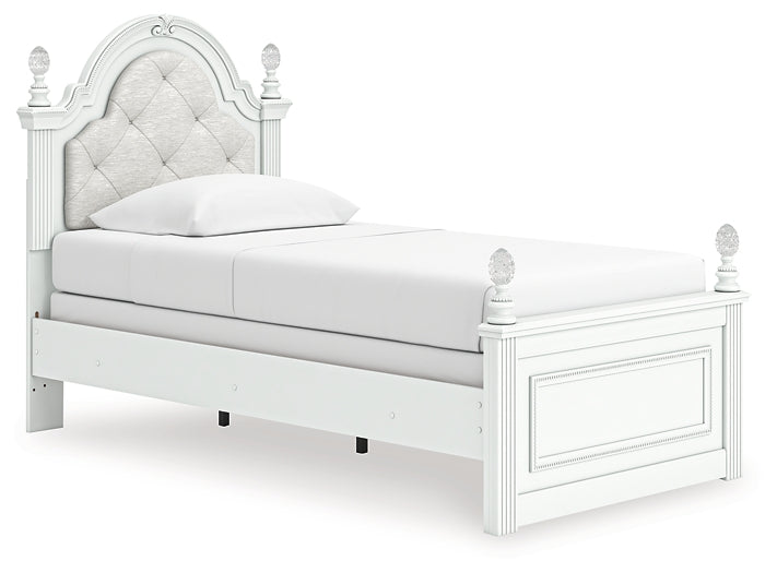 Kozlani Twin Upholstered Panel Bed, Dresser and Mirror
