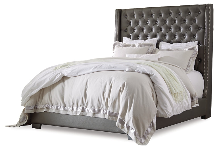 Coralayne King Upholstered Bed with Mirrored Dresser, Chest and Nightstand